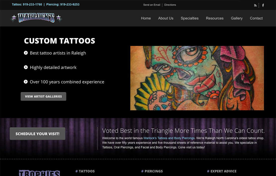 Warlock's Tattoo and Body Piercing Website Design Main Image