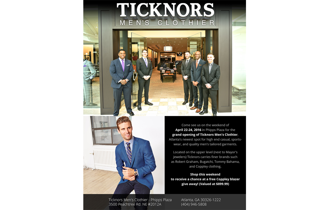 Ticknors Men's Clothier Grand Opening Flyer Design