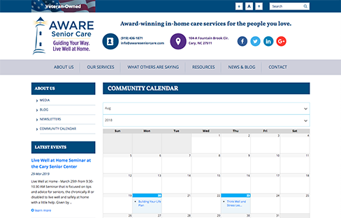 Aware Senior Care Events Website Design